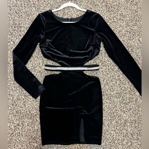 City Vibe Velvet Long Sleeve Rhinestone Waist Band Cut Out Mini Dress